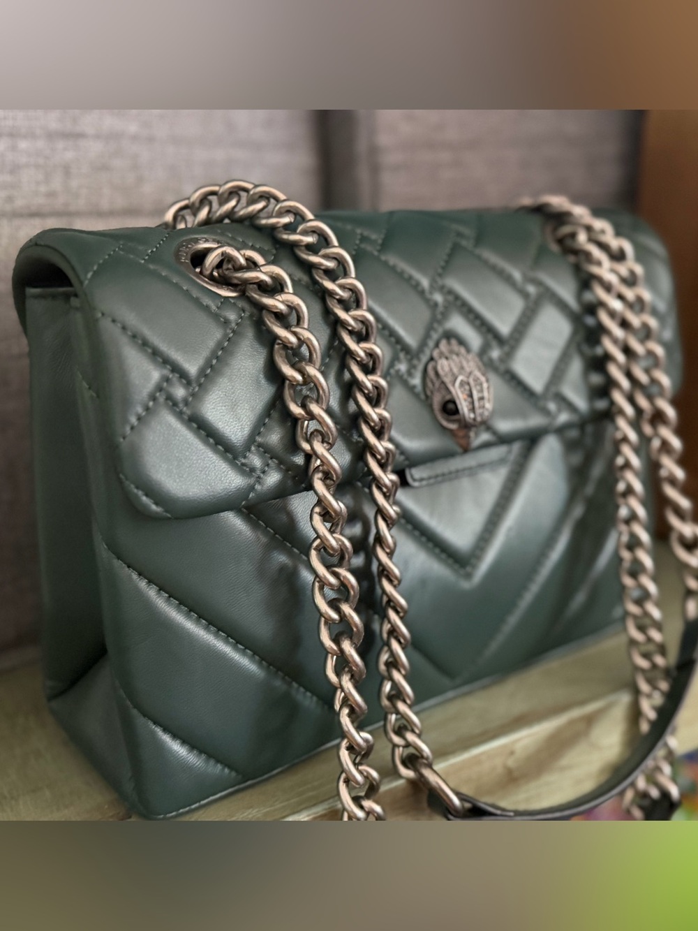 Kurt Geiger Kensington Green Leather Chevron Flap Bag, Chain, Eagle Embellished